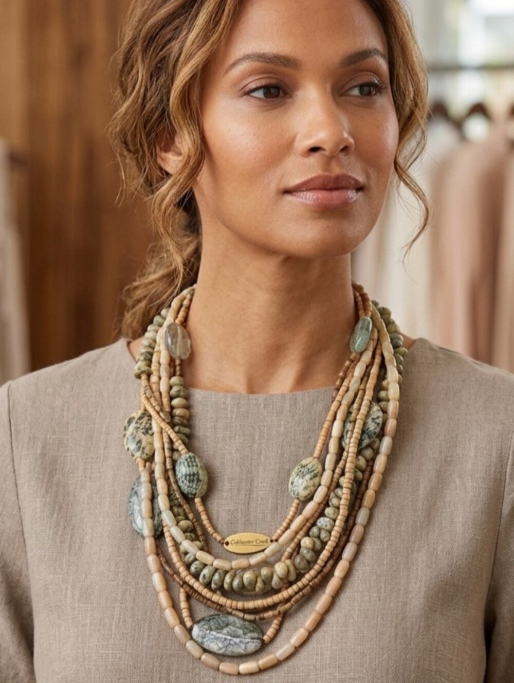 Coldwater Creek Chunky Multi Strand Beaded Statement Necklace Green Beige